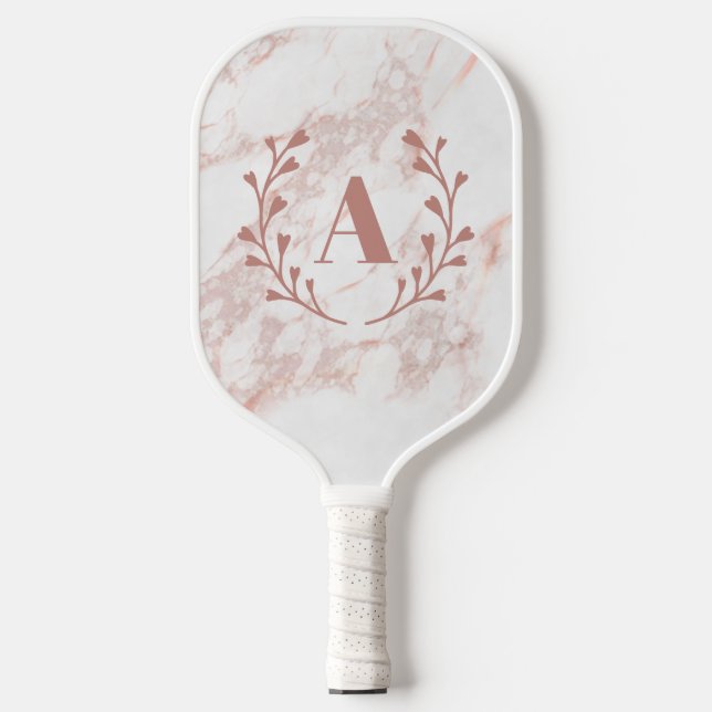 Raquette De Pickleball Monogramme en marbre rose Filles personnalisées in (Recto)