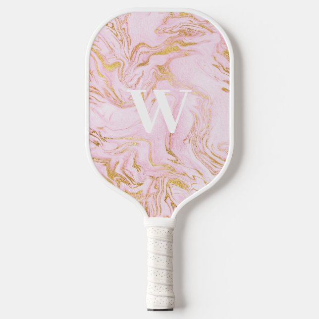 Raquette De Pickleball Monogramme en marbre rose Parties scintillant or (Recto)