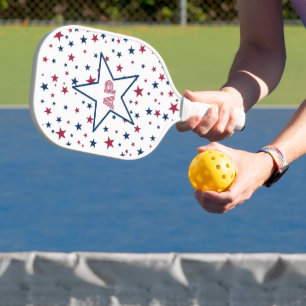 Raquette De Pickleball Monogramme et nom des étoiles rouges et bleues