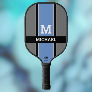 Raquette De Pickleball Monogramme et nom en gras bleu et noir Med