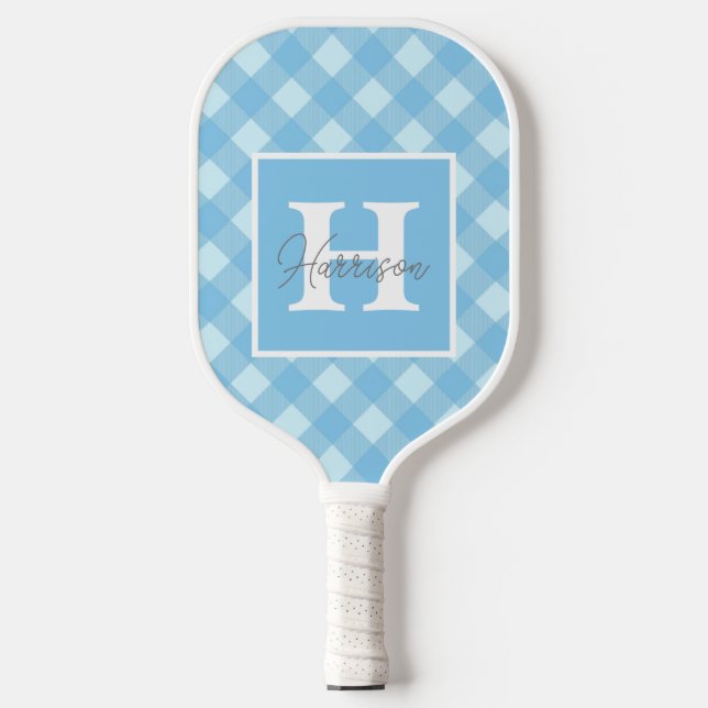 Raquette De Pickleball Monogramme et nom En vichy bleu personnalisés (Recto)