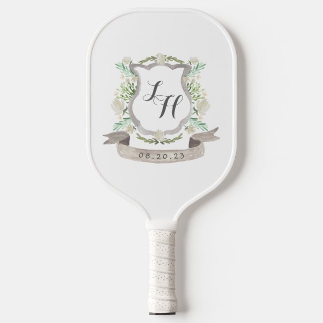 Raquette De Pickleball Monogramme et photo du Mariage floral rustique (Recto)