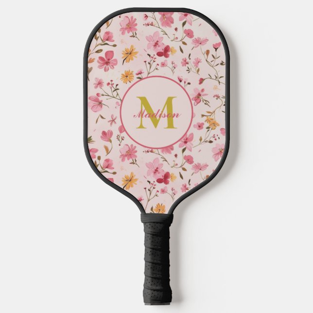 Raquette De Pickleball Monogramme floral rose personnalisé Pickleball Pad (Recto)