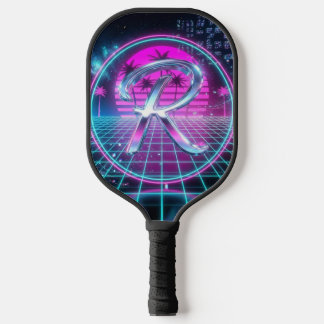 Raquette De Pickleball Monogramme Initial Chrome Néon Rétro Luxe