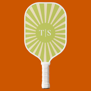 Raquette De Pickleball Monogramme Initiales Soleil Éclaté Vert Rétro