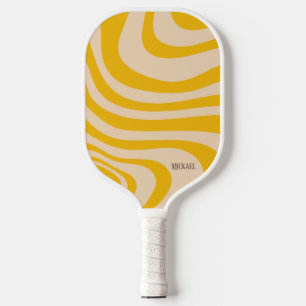 Raquette De Pickleball Monogramme moderne blanc et jaune rétro