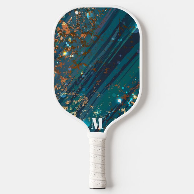Raquette De Pickleball Monogramme moderne Motif brillant bleu blanc (Recto)