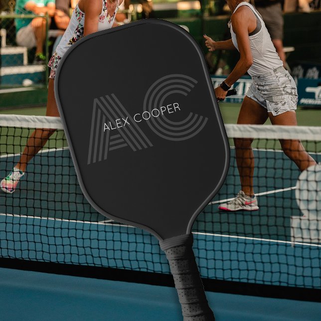 Raquette De Pickleball Monogramme moderne noir et gris (Créateur téléchargé)