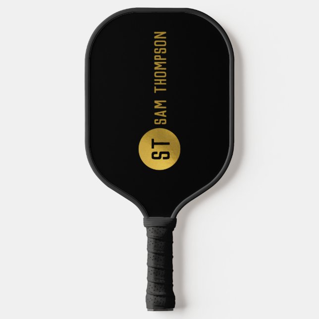 Raquette De Pickleball Monogramme moderne noir & or élégant personnalisé (Recto)