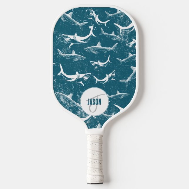 Raquette De Pickleball Monogramme Motif de requins bleus en détresse (Recto)