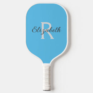 Raquette De Pickleball Monogramme Nom Initial Bleu Clair Gris Blanc