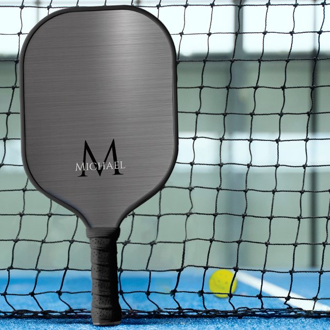 Raquette De Pickleball Monogramme Nom Initial Métallic Noir Gris Élégant (Créateur téléchargé)