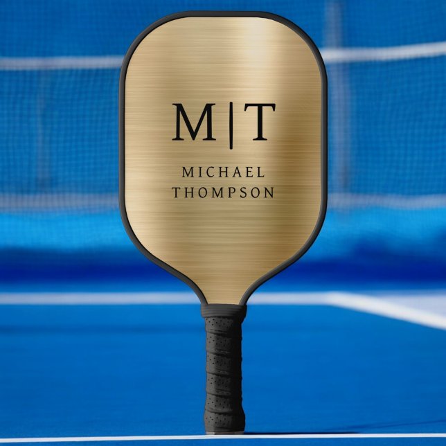 Raquette De Pickleball Monogramme Or Brossé Métallique Élégant Moderne (Créateur téléchargé)