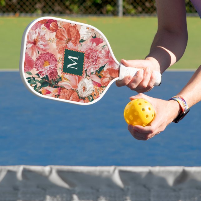 Raquette De Pickleball Monogramme orange rose floral (Insitu)