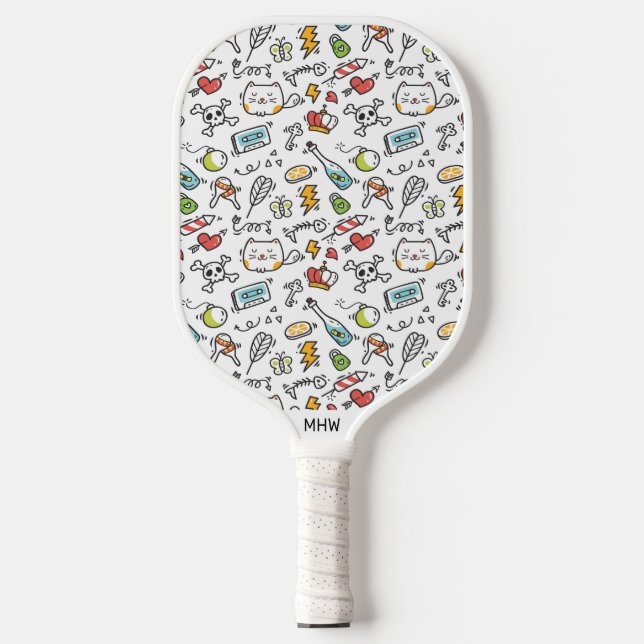 Raquette De Pickleball Monogramme personnalisé Motif Kawaii (Recto)
