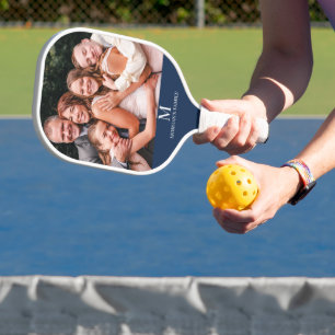 Raquette De Pickleball Monogramme photo personnalisé moderne Nom Bleu et 