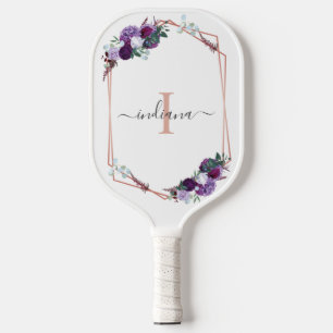 Raquette De Pickleball Monogramme Purple Floral Rose Gold Nom géométrique