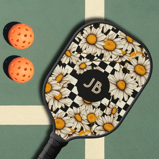 Raquette De Pickleball Monogramme Retro Super Daisy Checkerboard (Créateur téléchargé)