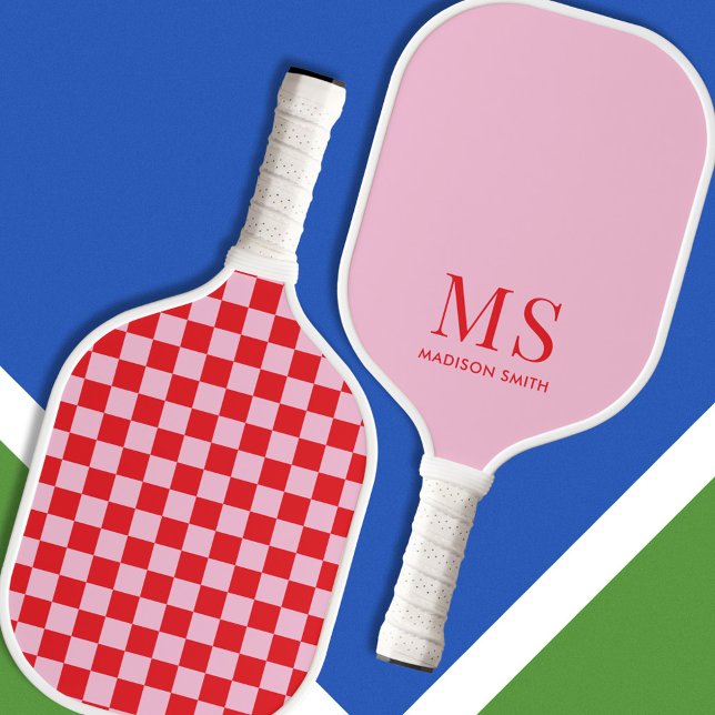 Raquette De Pickleball Monogramme rose À damiers rose esthétique (Créateur téléchargé)