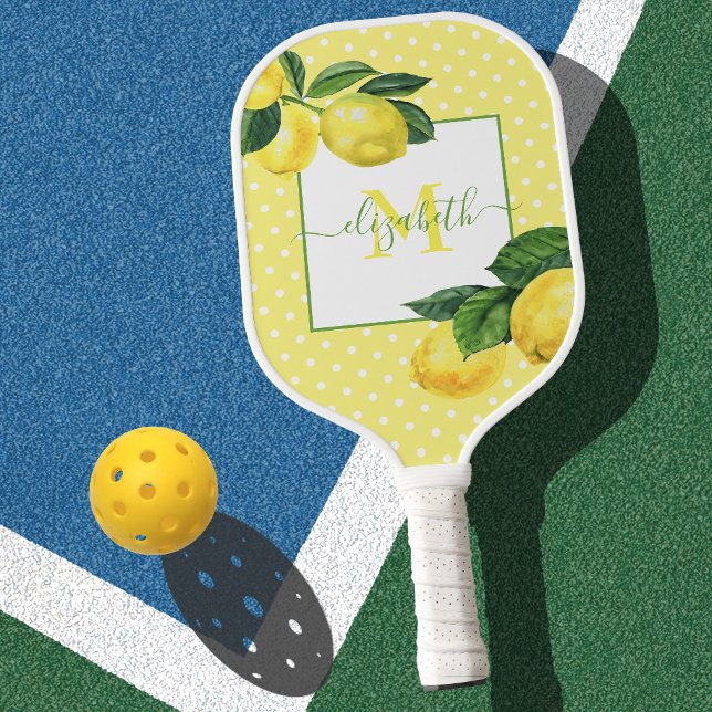Raquette De Pickleball Monogramme rustique pays citron aquarelle pois (Créateur téléchargé)