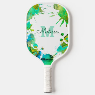 Raquette De Pickleball Monogramme Turquoise Vert bleu éclat Aquarelle