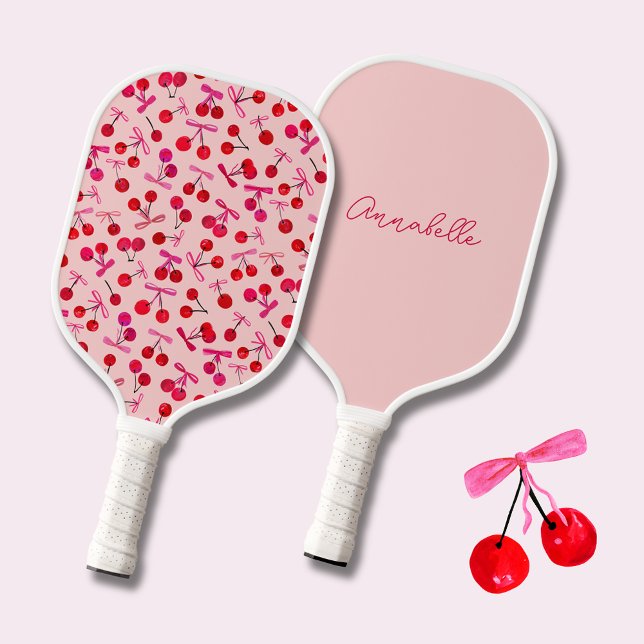 Raquette De Pickleball Motif Coquette Cherry & bow (Coquette cherry and bow girly pattern pink pickleball paddle. Personalize with own name or initials.)