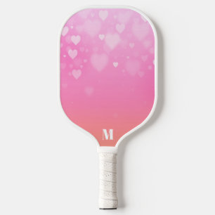 Raquette De Pickleball Motif de Coeurs rose et blanc Monogramme moderne