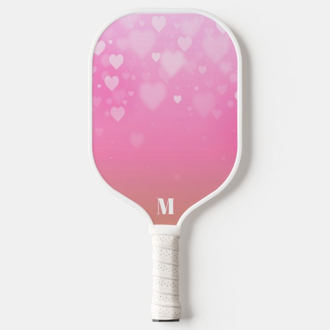 Raquette De Pickleball Motif de Coeurs rose et blanc Monogramme moderne (Recto)