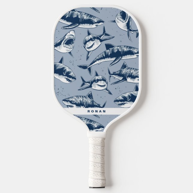 Raquette De Pickleball Motif de requin bleu effrayant | Nom (Recto)