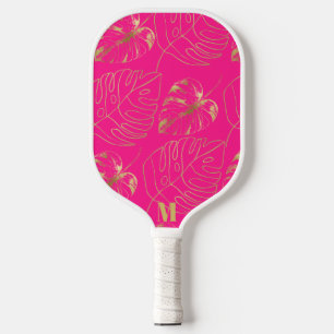 Raquette De Pickleball Motif feuille de palme rose et or Monogramme mod
