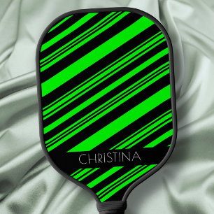 Raquette De Pickleball Neon Green et Black Stripes Modern Custom Name