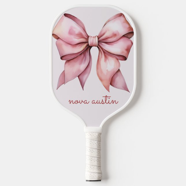 Raquette De Pickleball Nœud Rose Tendance Personnalisé Avec Nom Monogramm (Recto)
