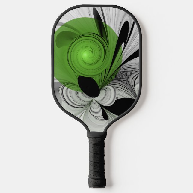 Raquette De Pickleball Noir Abstrait et blanc avec art fractal vert (Recto)
