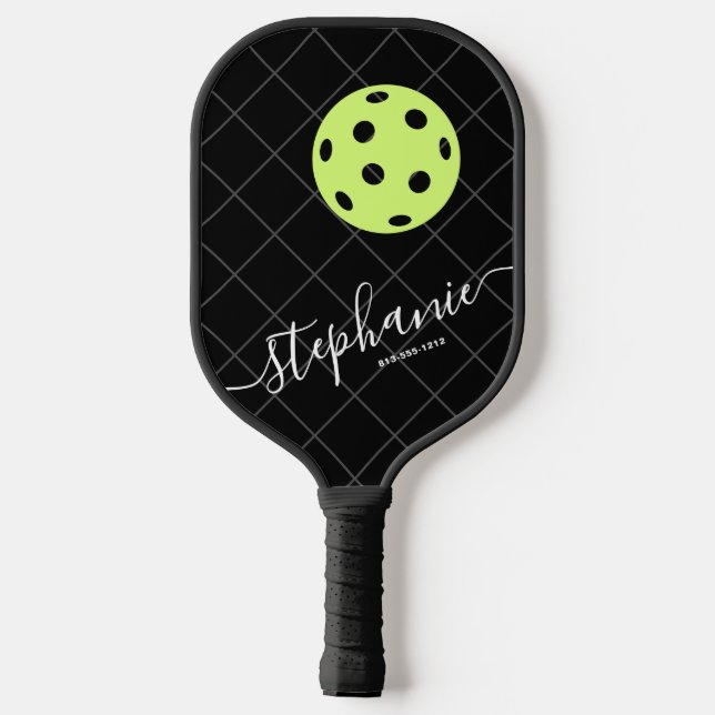Raquette De Pickleball Noir Blanc Jaune Élégant Script Personnalisé (Verso)