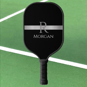 Raquette De Pickleball Nom blanc & Monogramme gris, Barre d'argent sur no