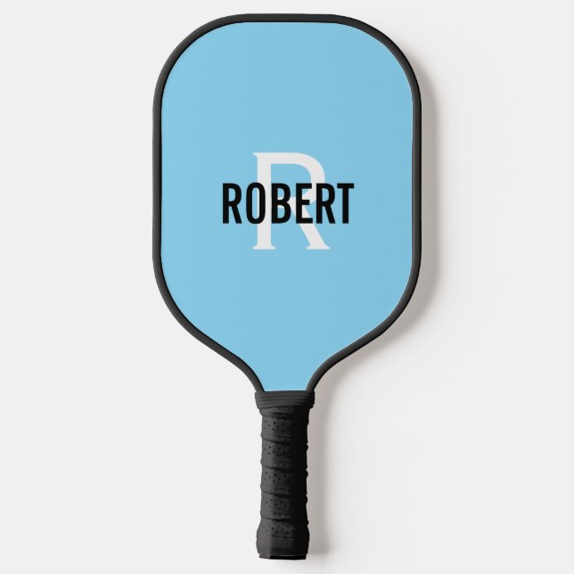 Raquette De Pickleball Nom de monogramme blanc bleu clair moderne (Verso)