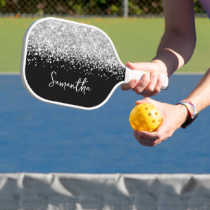 Raquette De Pickleball Nom de script glamour argenté et noir pailleté
