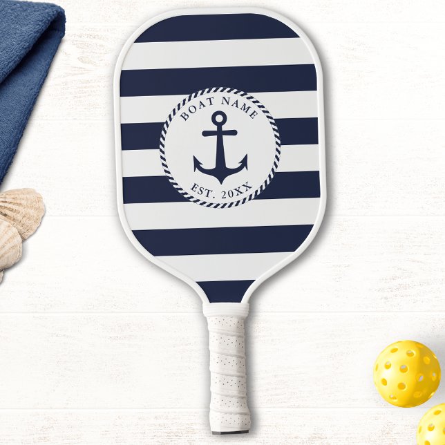 Raquette De Pickleball Nom du bateau Marine Bleu Blancs Blancs Ancre naut (Pickleball Paddle with a Navy Blue and White Nautical Pattern)