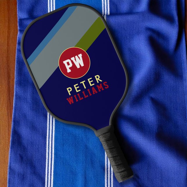 Raquette De Pickleball Nom du joueur sur Bleu rayé (Créateur téléchargé)