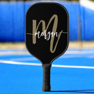 Raquette De Pickleball Nom du monogramme Black Gold Modern Script