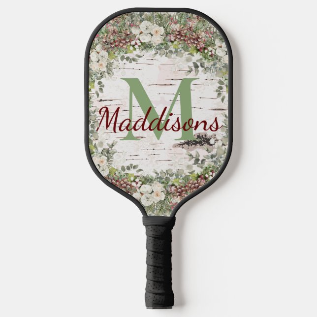 Raquette De Pickleball Nom du monogramme Bois d'hiver Pinecone de rose bl (Recto)