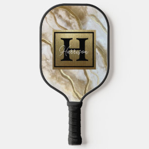 Raquette De Pickleball Nom du monogramme en marbre blanc et or Personnali
