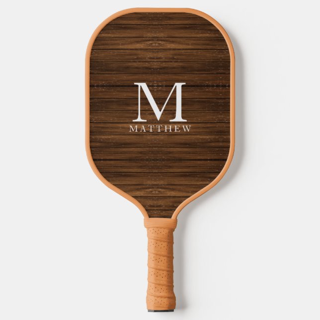 Raquette De Pickleball Nom du monogramme Moderne Rustique Bois blanc (Recto)