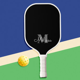 Raquette De Pickleball Nom du monogramme noir élégant moderne