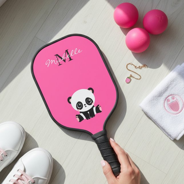 Raquette De Pickleball Nom du monogramme Panda mignon rose simple (Créateur téléchargé)