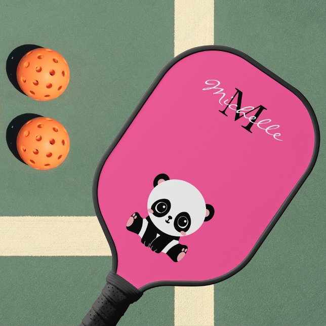 Raquette De Pickleball Nom du monogramme Panda mignon rose simple (Créateur téléchargé)