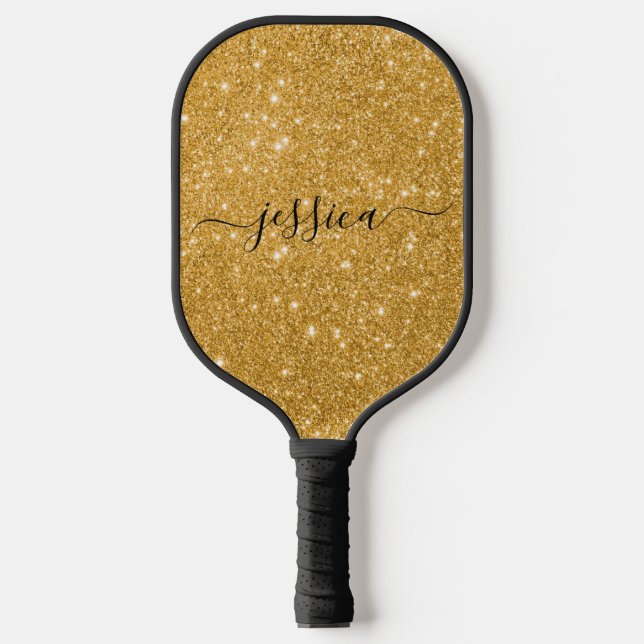Raquette De Pickleball Nom du script de parties scintillant d'or moderne  (Recto)