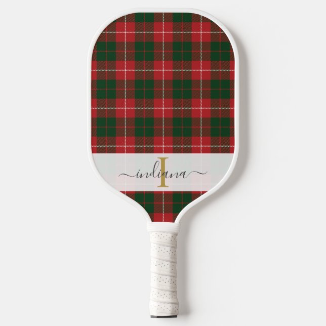 Raquette De Pickleball Nom du script Monogramme Plaid Tartan Rustique (Recto)