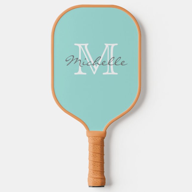 Raquette De Pickleball Nom minimal élégant et Monogram Aqua (Recto)