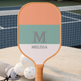 Raquette De Pickleball Nom monogrammé avec rayures rétro orange rose vert